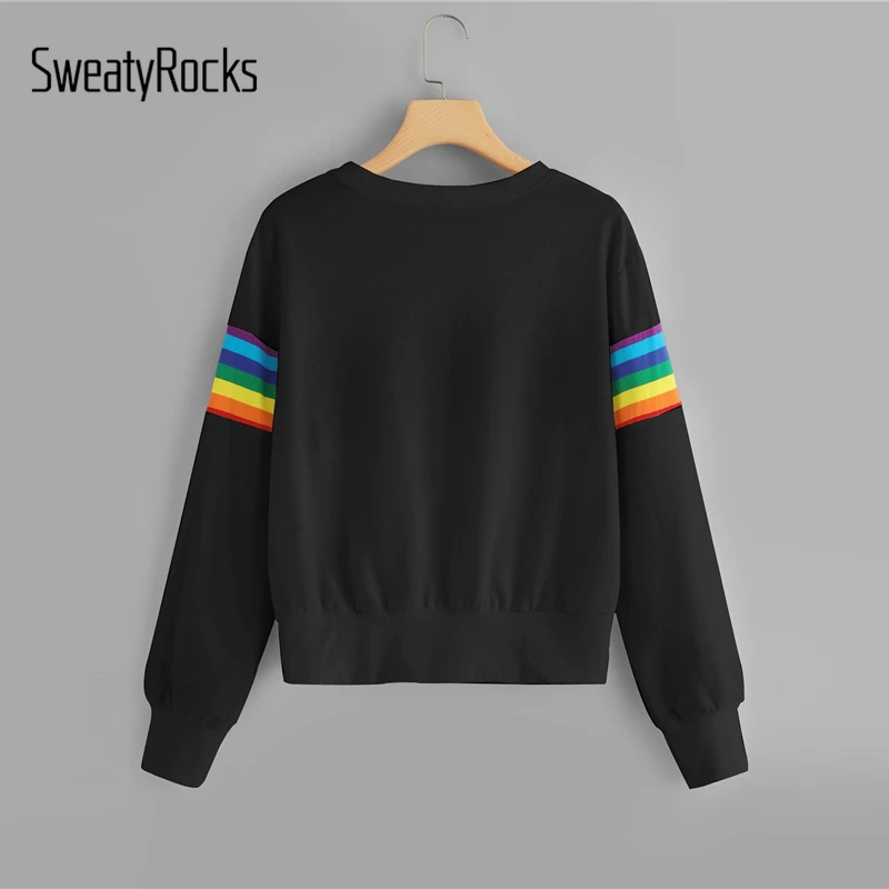 SweatyRocks الأسود النشطة قوس قزح شريط البلوز طويلة الأكمام البلوفرات البلوز النساء 2018 الخريف الأساسية الترفيه صداري