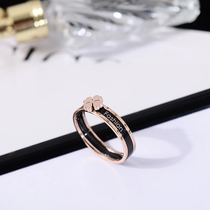

YUN RUO New Arrival Fashion Black Flower two-in-one Ring Rose Gold Color Woman Titanium Steel Jewelry Top Quality Never Fade
