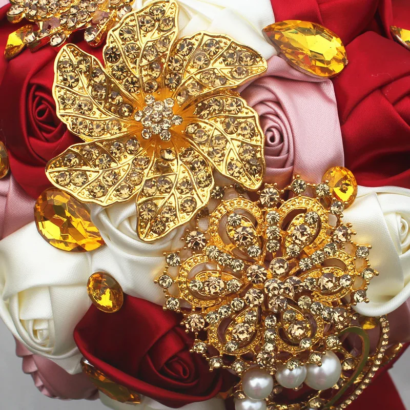 Ручной работы Винтаж свадебные букет невесты атласная роза цветок золотой кристалл горный хрусталь брошь букеты Цветочные Декоративные