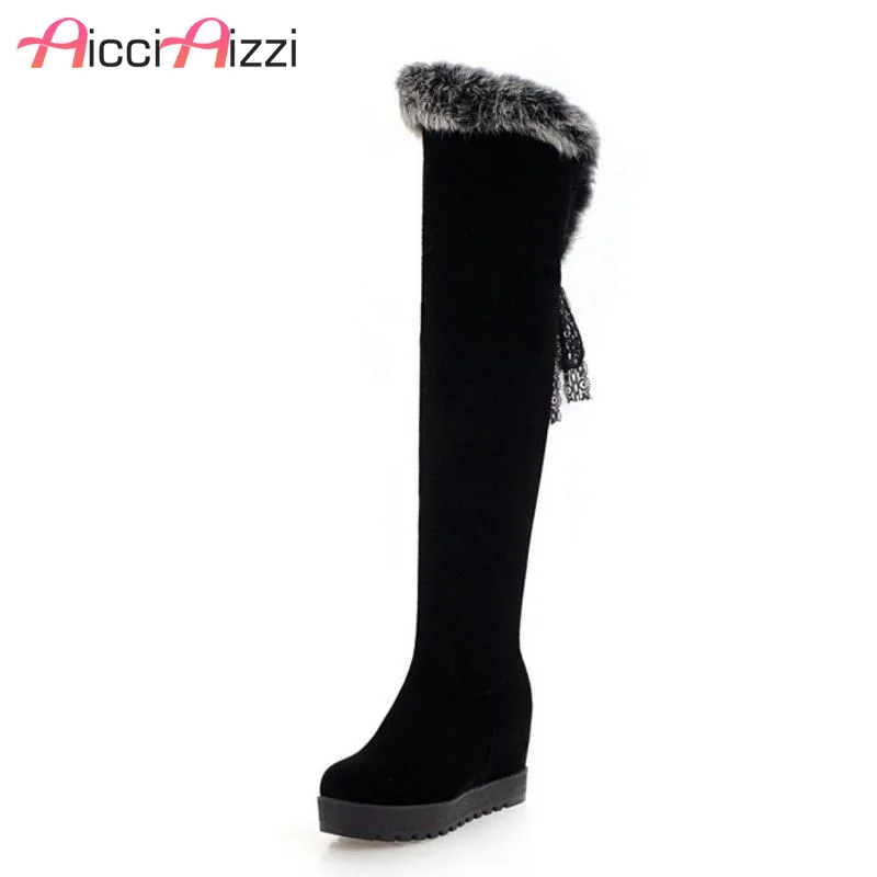 

ZALAVOR Women Over Knee Boots Winter Plush Fur Warm Shoes Woman Thick Sole Inside Heels Boots Zipper Bowtie Shoes Size 34-42