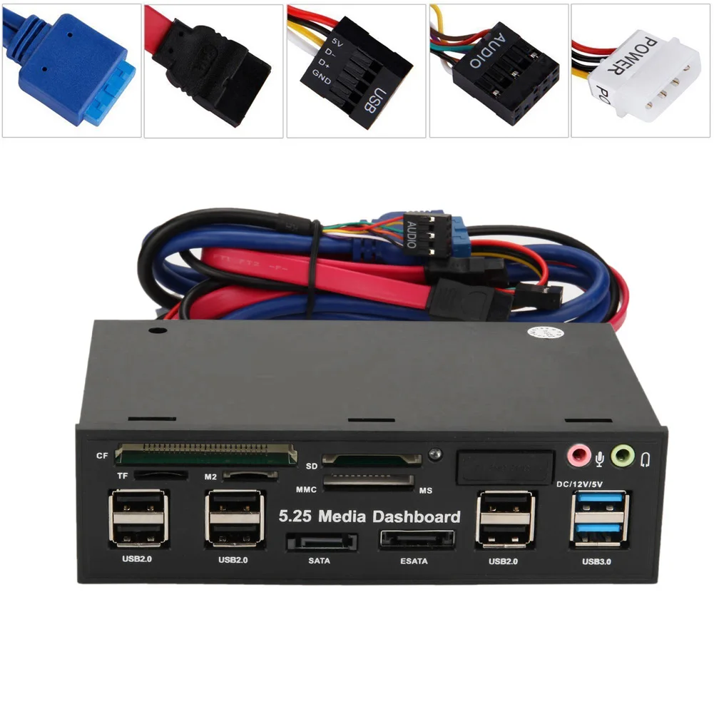 

5.25inch Media Dashboard Front Panel USB3.0/2.0 HUB eSATA SATA Audio Card Reader XXM8