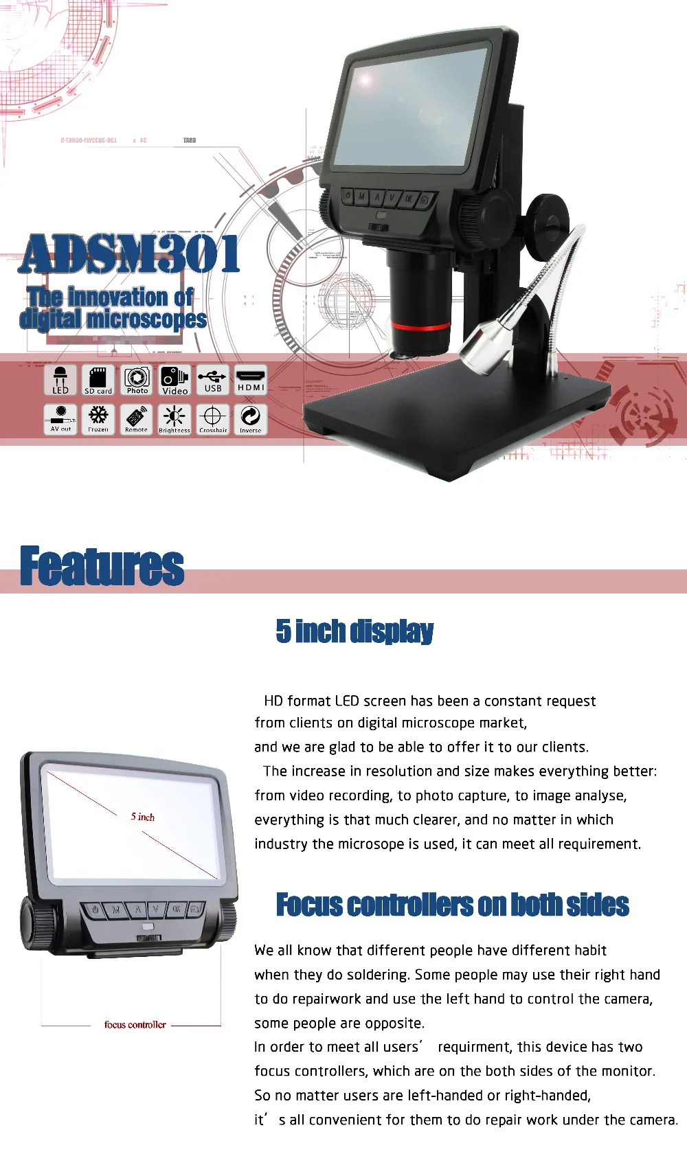 Andonstar цифровой USB/HDMI/AV микроскоп ADSM301 5 дюймов встроенный дисплей высокое расстояние объекта THT SMD Инструмент измерительное программное обеспечение