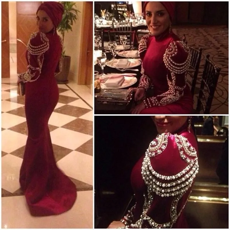 

2019 Middle East Formal Gowns High Neck Long Sleeves Exquisite Beading Pearls Arabic Dubai Kaftan Abaya Mermaid Evening Dresses