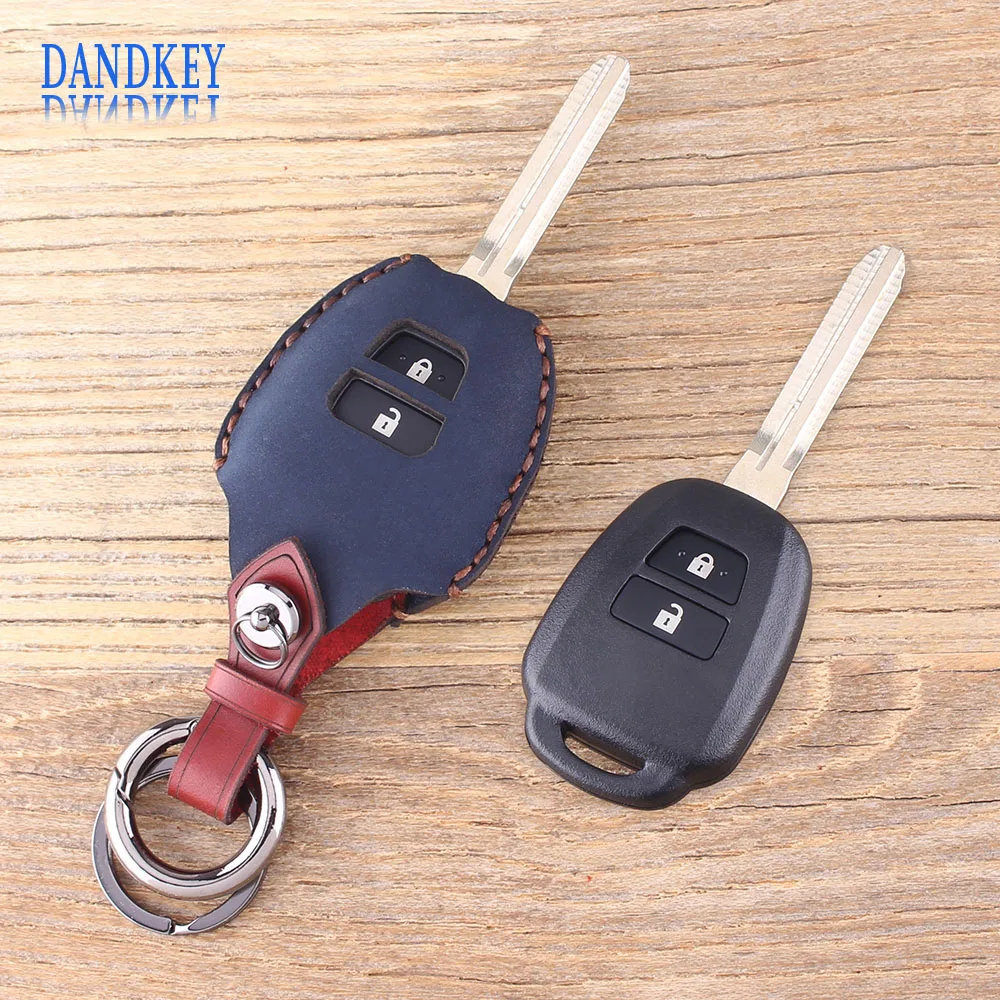 

Dandkey Leather Key Shell Case For Toyota Corolla Camry Reiz New Vios RAV4 Crown 2 Buttons Key Fob Cover