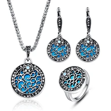 Винтажные очаровательные ювелирные наборы для женщин, античный серебряный цвет, черный кристалл, выдалбливают диск, кулон, ожерелье, серьги, кольца, наборы