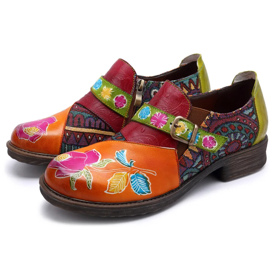 Vintage Flat Shoes Women 2019 Genuine Leather Oxfords Bohemian Jacquard Patchwork Zipper Flats Retro Casual Ladies Shoes Woman (2)