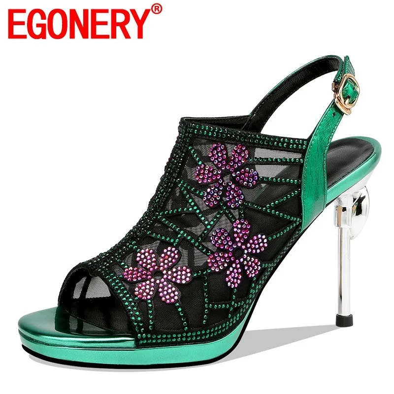 

EGONERY woman shoes 2019 summer new fashion sexy open toe high quality party woman sandals outside crystal buckle ladies shoes