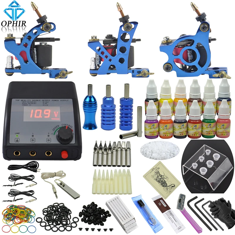 

OPHIR Body Art Complete 3 Dragonfly Rotary Tattoo Machine Guns & 12 Color Tattoo Ink & Needle Set Tattoo Nozzle #TA082