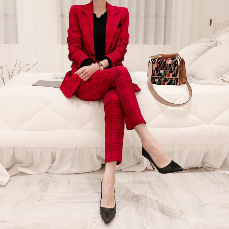 New fashion Formal Women red Suits Sets Casual Office Business Suitspants Work Wear Sets Uniform Styles Elegant Plaid Pant Suits