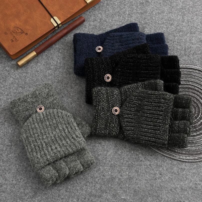 

2018 Winter Men Gloves New Flip Knitted Warm Striped Mittens Button Half Finger Exposed Glove Plus Thick Male Mitten