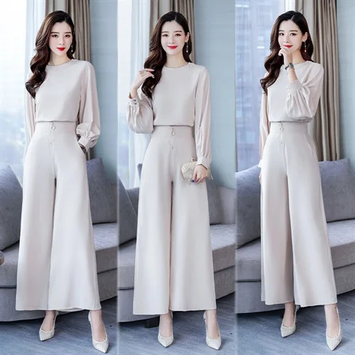 

Two Pieces Set Women 2019 Spring autumn korean style long sleeve solid loose shirt blouse tops and wide leg pants trousers Suits