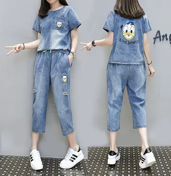 

Fashion Pattern Plus Size 5xl 2 Piece Set Women Casual Capris Short Sleeve Ensemble Femme Survetement Cowboy Summer Costume