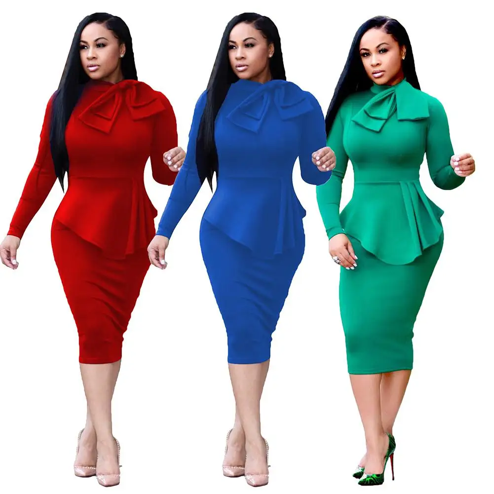 

Vintage Women Autumn Dress Elegant Retro Front Bow Party Formal Business Work Bodycon Sheath Pencil Dress Long Sleeve Vestido