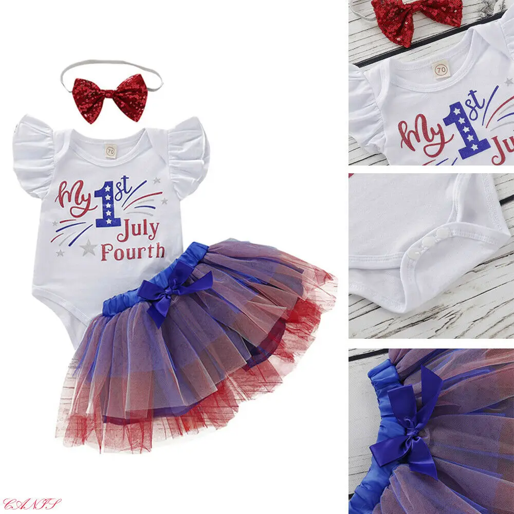 

Cute Infant Baby Girls Princess Fourth of July Jumpsuit Bowknot Skirt Headband 3pcs Set
