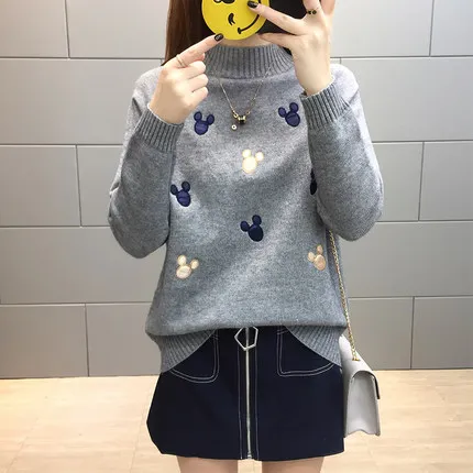 Модный вязаный свитер женский пуловер Осень Зима Топы Корейский мультфильм милый свитер женский длинный рукав Свободные Джемперы дамы - Цвет: gray