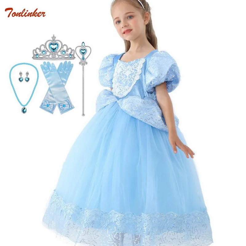 

Girls Princess Cinderella Disfraces Kids Nall Gown Dress Blue Queen Dress up Halloween Christmas Party Sequined Cosplay Costume