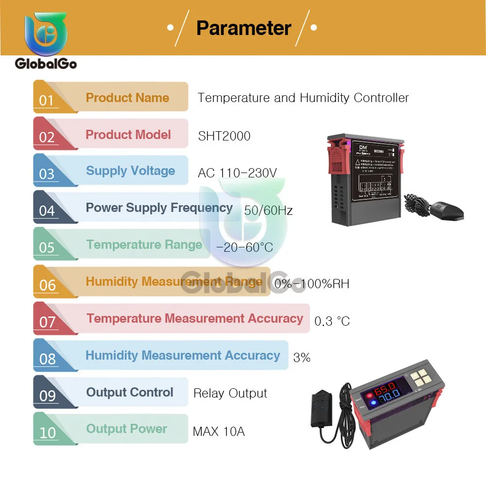 SHT2000 цифровой, температурный регулятор влажности воздуха термостат гумидистат термометр AC 110 V 220 V DC 12 V-72 V 24 V 48 V 10A - Цвет: AC 110-220V 10A