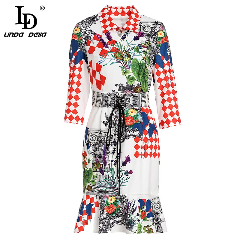 

LD LINDA DELLA 2019 Fashion Runway Summer Dress Women's Half Sleeve Casual Floral Print Sexy Mermaid Party Ruffles Belted Dress