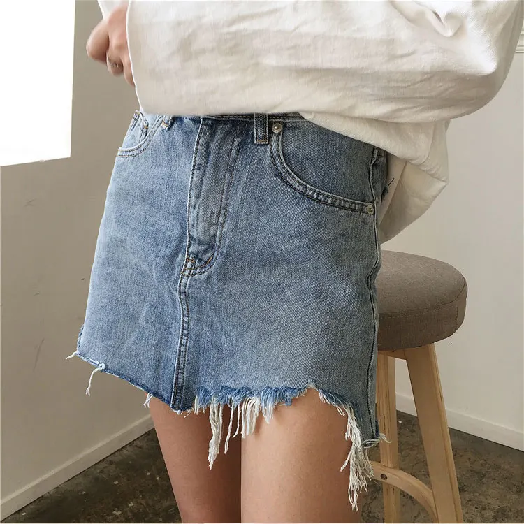 Для женщин Летняя джинсовая юбка Высокая Талия неровные края Джинсовые юбки женские мини Saia джинсовая юбка Повседневная юбка-карандаш