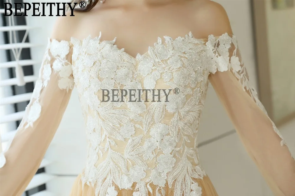 BEPEITHY vestido de festa Новый дизайн Милая с открытыми плечами Тюль Аппликации Длинные вечерние платья 2019