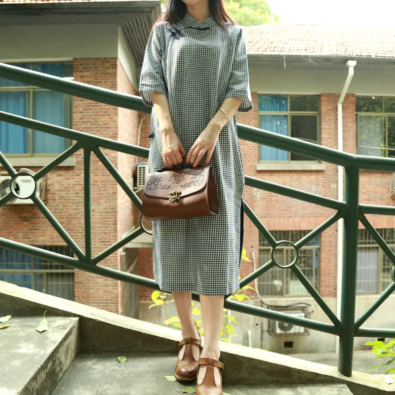 Traditional Chinese Dress For Women Summer Midi Dress Half Sleeve Modern Plaid Cheongsam Oriental Qipao Vintage Robe