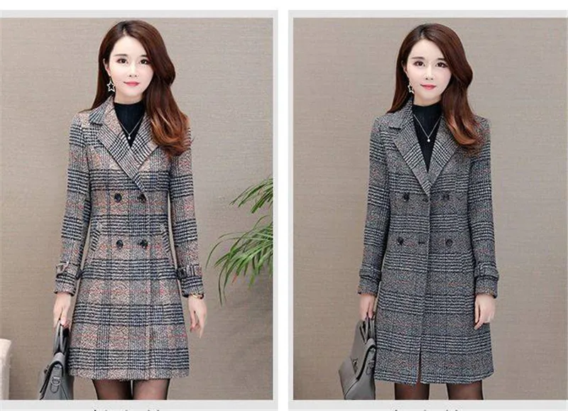Модное теплое шерстяное женское элегантное двубортное шерстяное пальто, женская длинная верхняя одежда в клетку, зимняя новая одежда