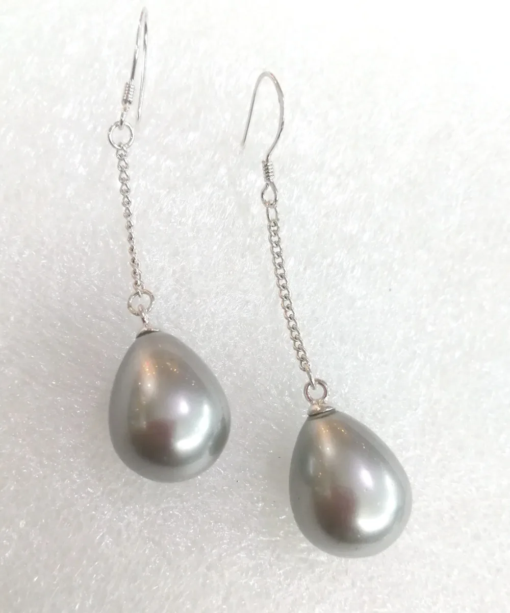 Classic Natural South Sea Shell Pearl 12X16Mm Grigio Waterdrop Beads Catena D'Argento Ciondola I Gioielli Degli Orecchini Del Gancio