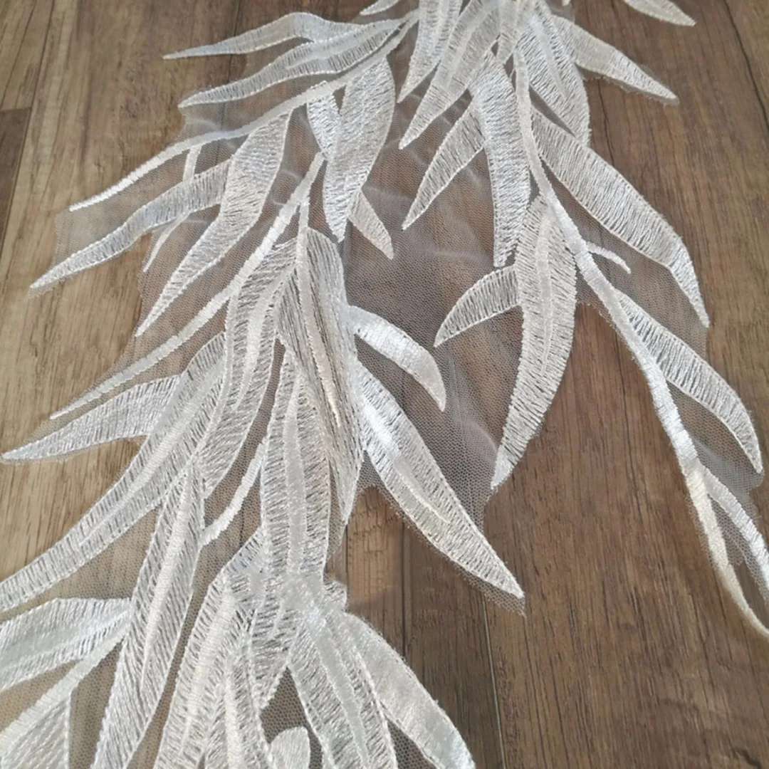 JX-LCLYL  New Large Leaf Embroidery Lace Applique Off White Back Bridal Tulle Motif Bamboo