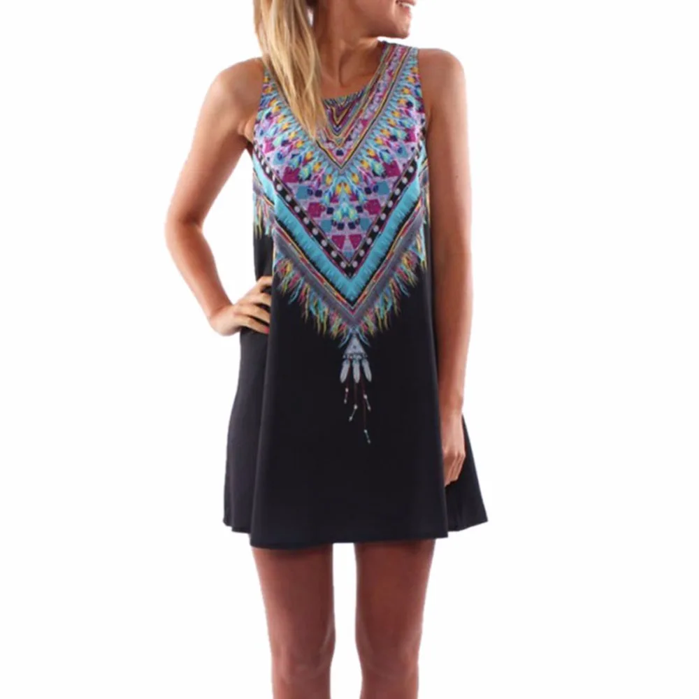 Buy Cheap Women Summer Dress Casual Boho Mini Beach Dress Floral Print Tunic Sleeveless Short Chiffon Dress Vestido de renda