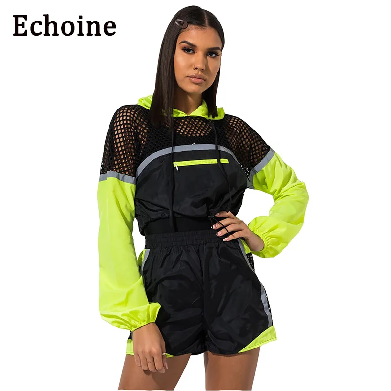 

Echoine Sporewear Suit Two Pieces Sets Mesh Colorful Patchwork Long Sleeve With Cap Tops+Short Pants Tracksuit Women Summer Set