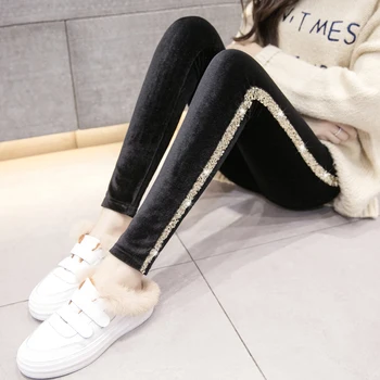 

Side Sequin Black Trousers Women Spring Winter High Waist Legging Plus Velvet Inside Girls Student All-match Leggings