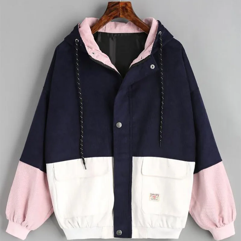 2019 Korean version of the college wind student loose color matching hooded baseball uniform corduroy tooling jacket female spot