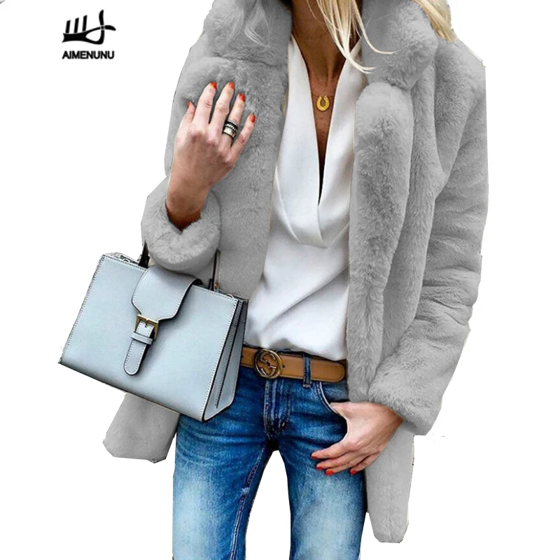 

AIMENUNU Women Plus Size Colored Casual Faux Fur Coat Ladies Autumn Winter Elegant Pink Warm Soft Outwear Oversize Jacket