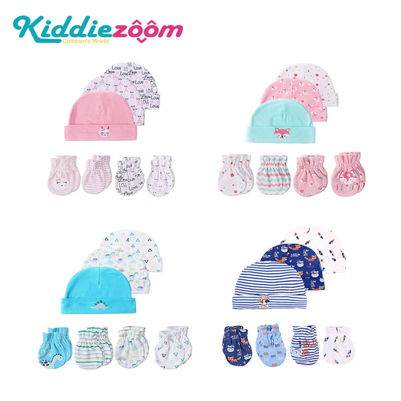 

2019 Girls Boys 0-6M Newborn Baby Soft Cotton Hat+Gloves Cartoon Unisex Infant Sleep Hat Gloves Stripe Animal Cute Blue Pink