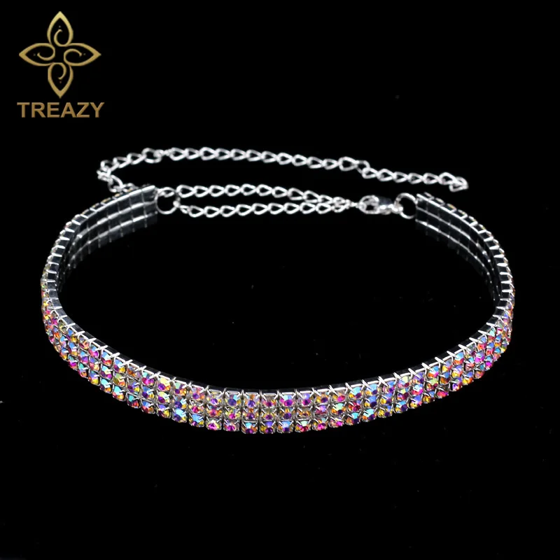 

TREAZY Bridal Wedding Party Prom 3 Row Rhinestone Choker Necklace Stretchy Elegant Multi-coloured Crystal Collier for Women Gift