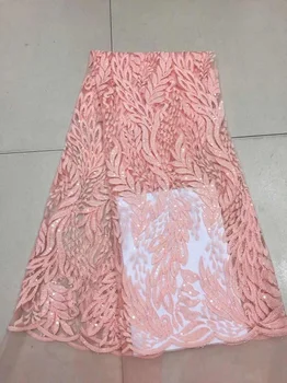

2018 Latest Peach French Nigerian Laces Fabric High Quality Tulle African Laces Fabric With Sequins For Wedding Dress C11