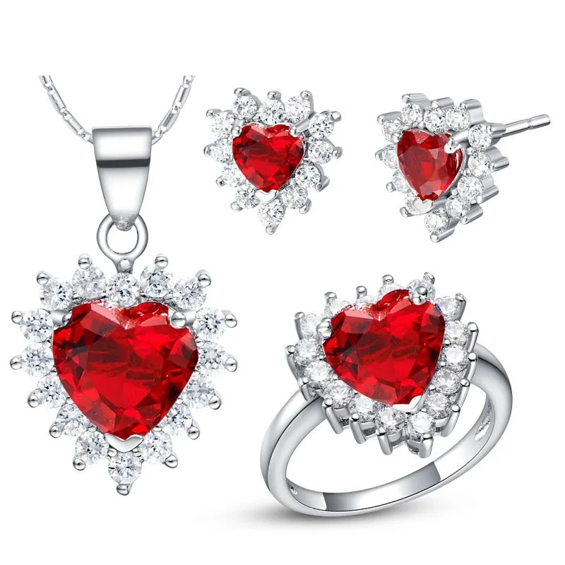 

hot sell new - Zirconia CZ Queen 18K WGP Plated Zircon Gem Noble Rich Lucky heart red ocean Ring Necklace Earrings Ruby Set Wh