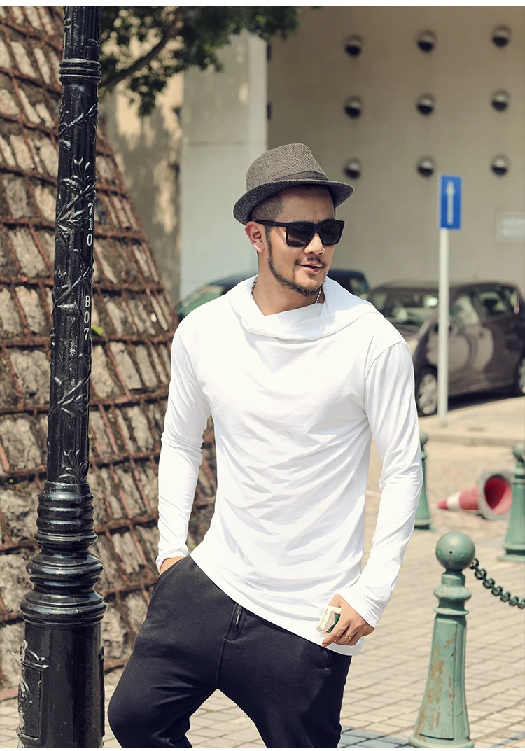 Men Autumn New European Style High Collar Long Sleeve Hooded T-shirt with Cap Men Slim Casual Cotton Irregular T-shirt T908 HTB1aWD5XzzuK1Rjy0Fpq6yEpFXaM - Men Autumn New European Style High Collar Long Sleeve Hooded T-shirt with Cap Men Slim Casual Cotton Irregular T-shirt T908