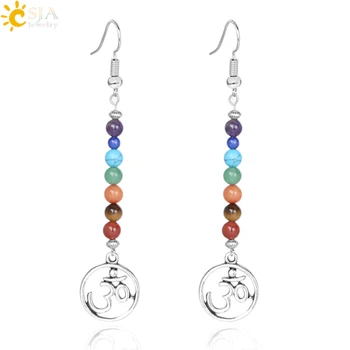 CSJA Vintage 7 Chakra 3D Long Fringed Statement Drop Earrings for Women Natural Stones Round Beads Reiki Healing Jewelry E708