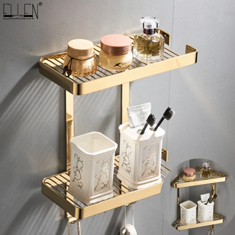 Gold Bathroom Corner Shelves 2 Layer Solid Copper Wall Bathroom Shelf