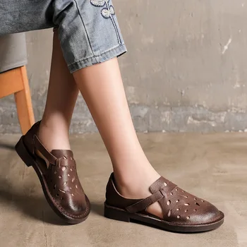 

820-4 New Leather Hollow Shoes Women Literature and Art Soft Bottom Soft Skin Holes Breathable Cowhide Female Sandals