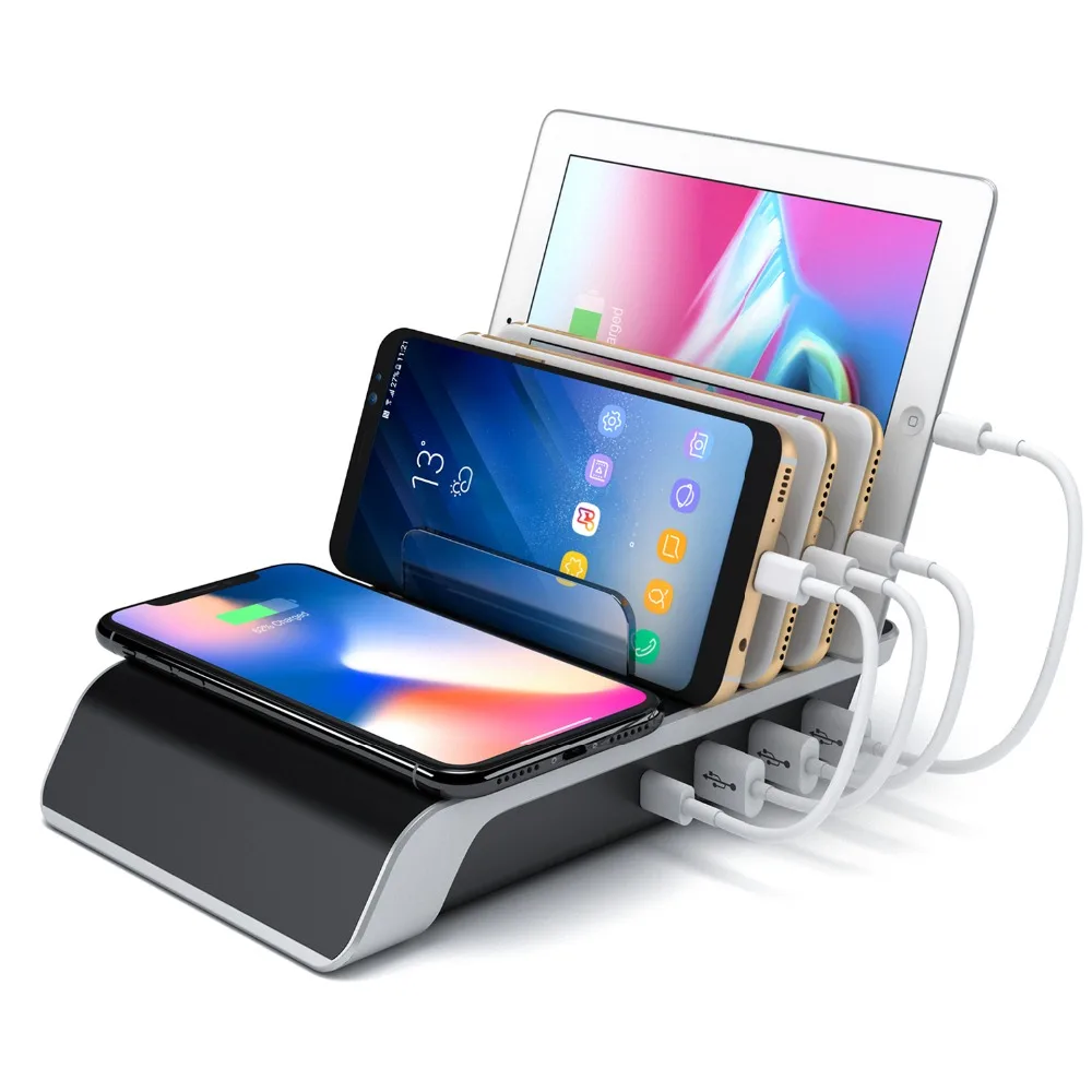 

QI fast Wireless Charging Pad Desktop Charging Station 5 in 1 charge dock stand with 4 USB Hub ports for iphone samusng charge