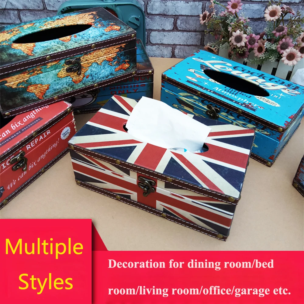 

Creative Waterproof PU Leather Vintage Tissue Box Case Flag Car Container Pattern Decor Paper Box for Dining Living Bed Room