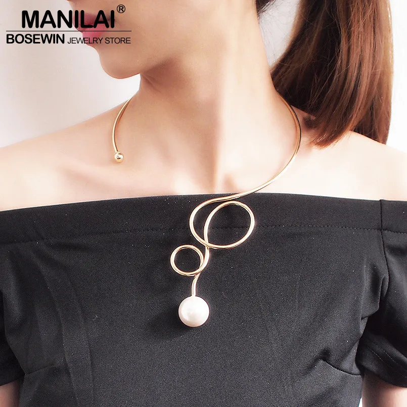 Women Jewelry Imitation Pearl Torque Choker Necklace Women Accessories Geometric Charm Alloy Big Statement Necklace Jewelry Design