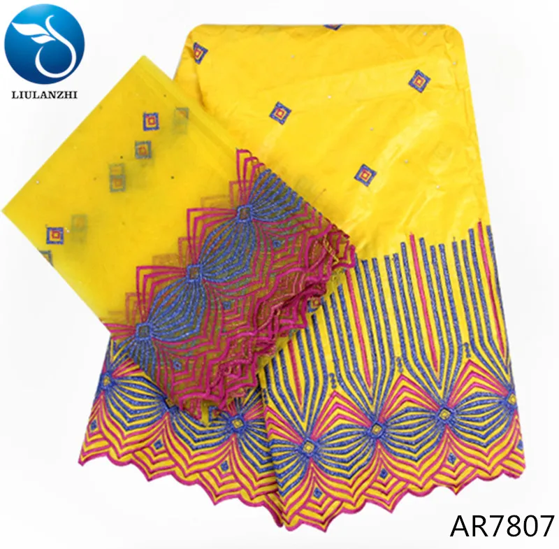 

LIULANZHI embroidered african bazin riche lace fabric cotton yellow fabric with stones 5yards+2yards head scarf 7yards/lot AR78