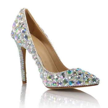 

20170647 European and American High-heeled Pumps Dazzling Colored Glass Drill Wedding Thin-heeled Pointed Sexy Walking Shoes