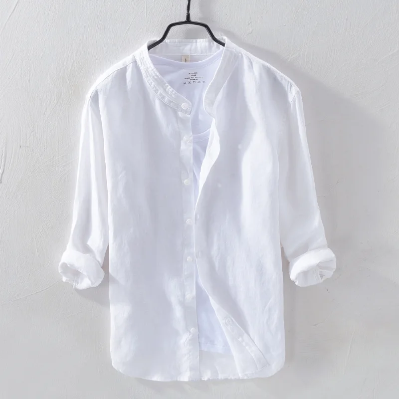 Camicie Da Uomo 100% Lino Manica Lunga Casual Slim Camicie Con Colletto Alla Coreana Camicie Da Uomo In Lino Da Lavoro Di Alta Qualità Camicie Da Uomo