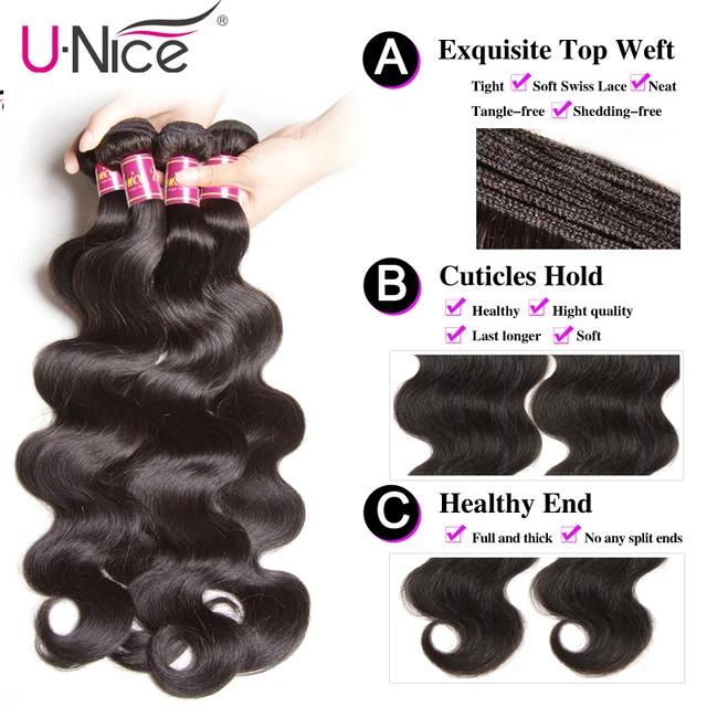 UNICE 30 Inch Body Wave Brazilian Virgin Hair Bundles Natural Color 100% Human Hair Weave 1/3/4 for Africa American Women 3