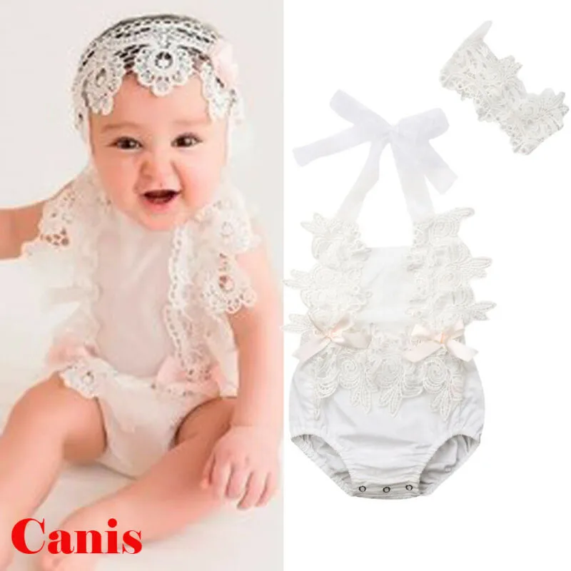 

0-24M 2pcs Baby Girls Clothes Set Sleeveless Baby Rompers Solid White Lace Baby Kids Bodysuits Toddler Headband Baby Girls Set
