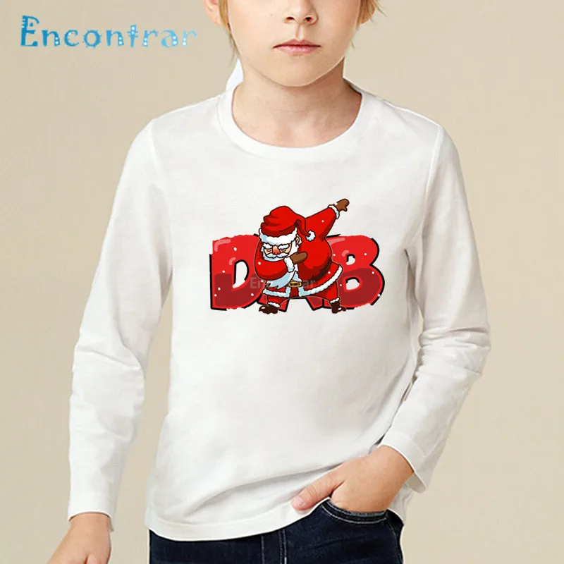 Детская забавная футболка с мультяшным принтом «Веселый Рождественский Санта» топы с длинными рукавами для маленьких мальчиков и девочек, детская повседневная одежда LKP5112 - Цвет: white-N
